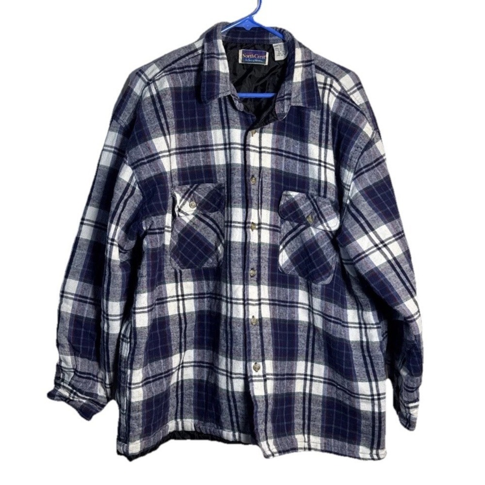 Vintage NorthCrest XL Blue Plaid Quilted Flannel Shirt Jacket‎ Shacket 46-48